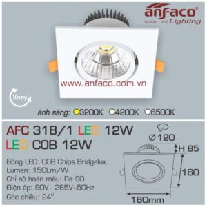 Đèn Anfaco LED downlight âm trần AFC 318/1-12W Ánh sáng lựa chọn: Ánh sáng trắng: 6500K Ánh sáng vàng: 3200K Ánh sáng trung tính: 4200K Điện áp 90V – 265V ~ 50Hz Chỉ số hoàn màu Ra 90 Kích thước khoét lỗ Ø120 mm Kích thước phủ bì Vuông 160 mm Chiều dày đế 85 mm Góc chiếu 24° - 24 độ & Xoay góc Thời gian bảo hành 3 năm (36 tháng) Thông tin chi tiết sản phẩm và chương trình bán hàng, Quý khách vui lòng liên hệ: Hotline: 0931 455 668 ─ Bán hàng: 0909 635 266 - 0938 118 428 || Catalogue – Bảng giá đèn Anfaco ||